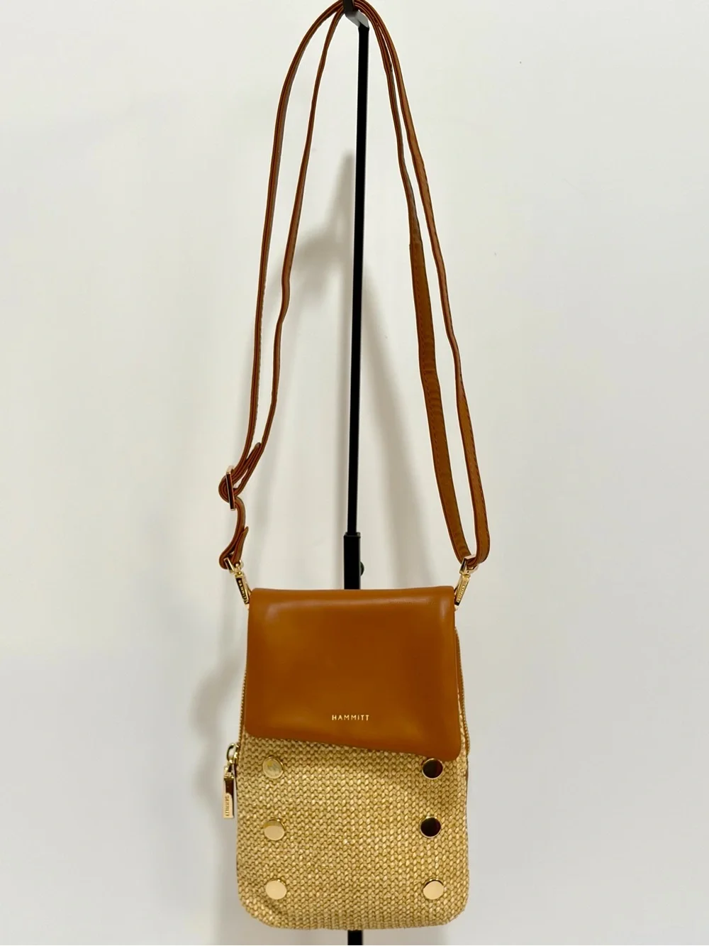 Hammitt VIP Mobile Crossbody Bag In Cocoa Raffia With Shiny Gold Hardware NWOT